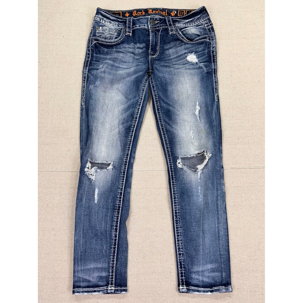 Rock Revival Women's 27 Juleen Mid Rise Ankle Skinny Distressed Jeans Blue
